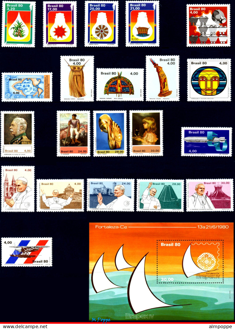 Ref. BR-Y1980 BRAZIL 1980 - ALL STAMPS ISSUED, FULLYEAR, SCOTT 1680-1726, MNH, . 52V - Annate Complete