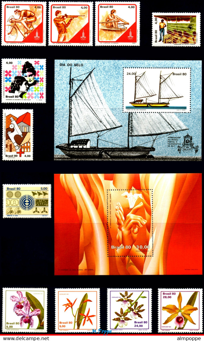 Ref. BR-Y1980 BRAZIL 1980 - ALL STAMPS ISSUED, FULLYEAR, SCOTT 1680-1726, MNH, . 52V - Années Complètes