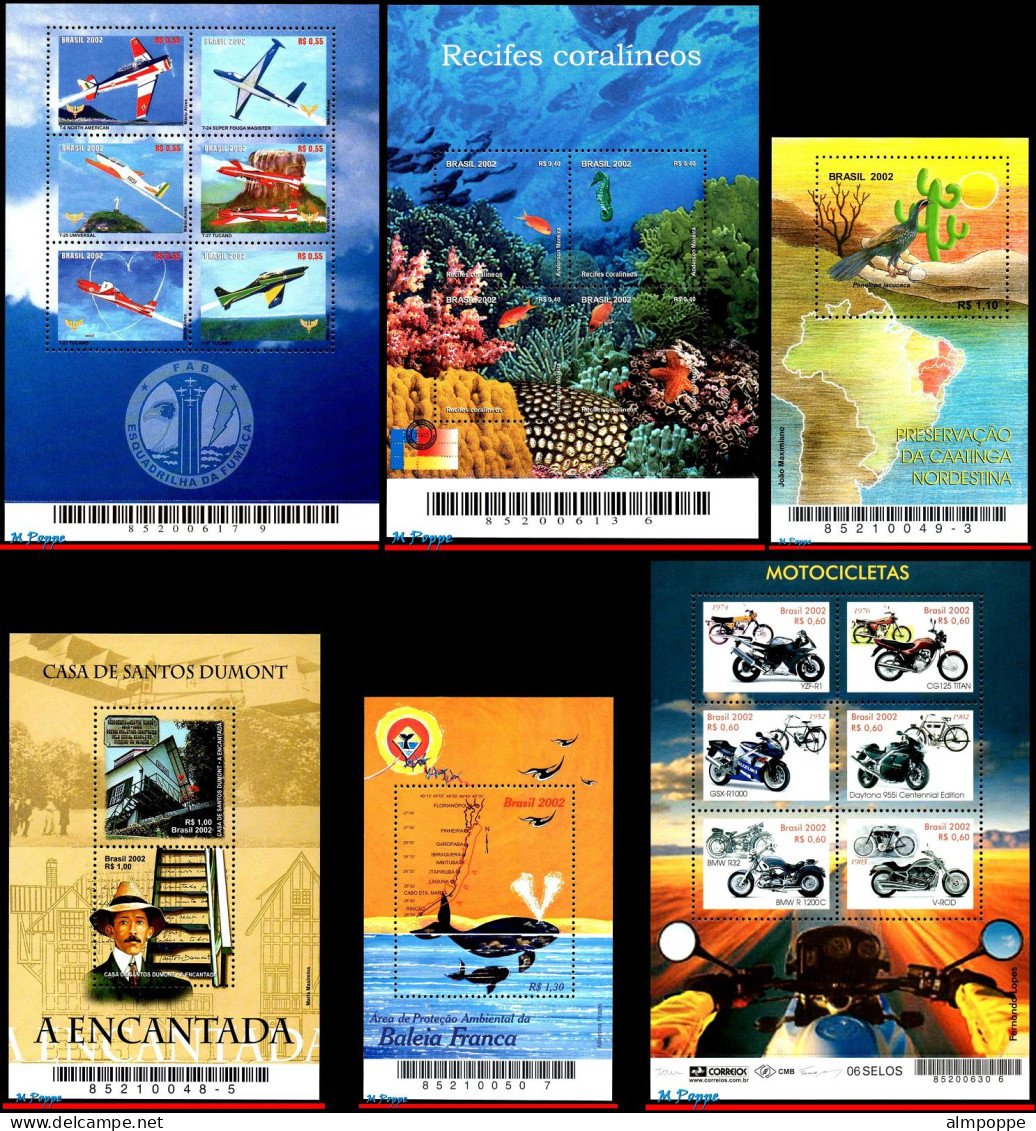 Ref. BR-Y2002-SS BRAZIL 2002 - ALL SOUVENIR SHEETS OFYEAR, SCOTT 2843+46+49+51+55+58, MNH, . 20V Sc# 2843~2858 - Années Complètes