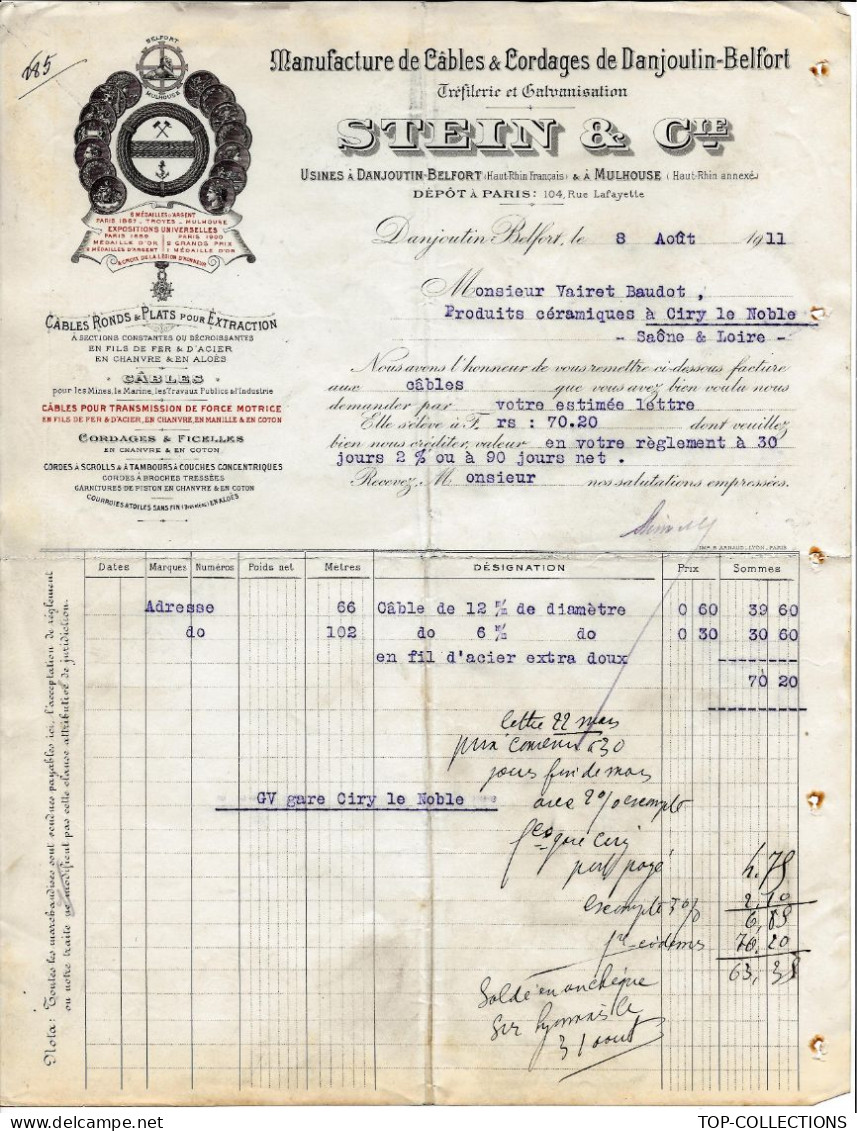 1911 ENTETE STEIN MANUFACTURE CABLES CORDAGES Danjoulin Belfort > Vairet Baudot Briqueterie Devenue Musée  Ciry Le Noble - 1900 – 1949