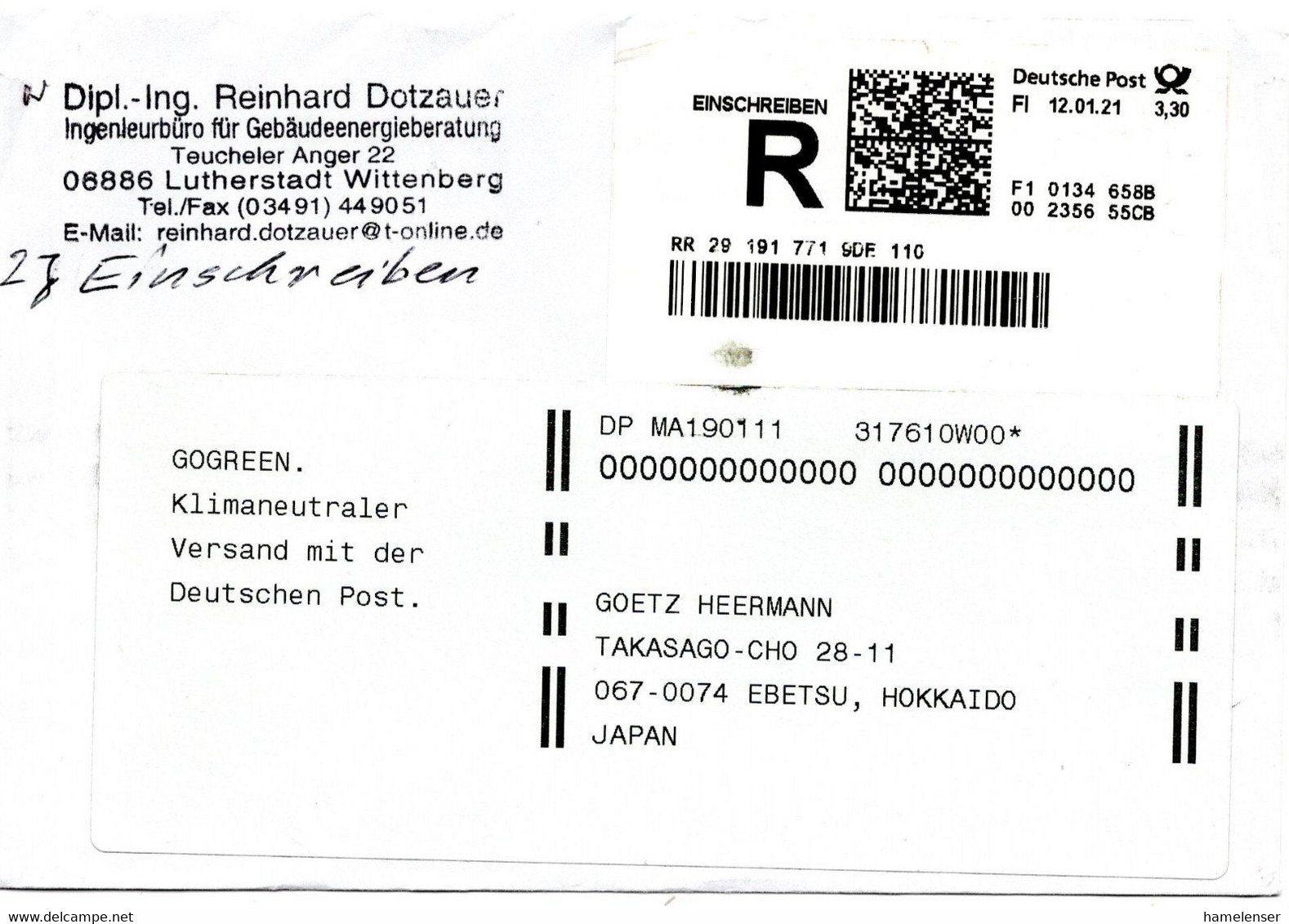 59021 - Bund - 2021 - €3,30 Schalterfreistpl A R-Bf Nach Hameln, Nachgesandt Nach Japan - Briefe U. Dokumente