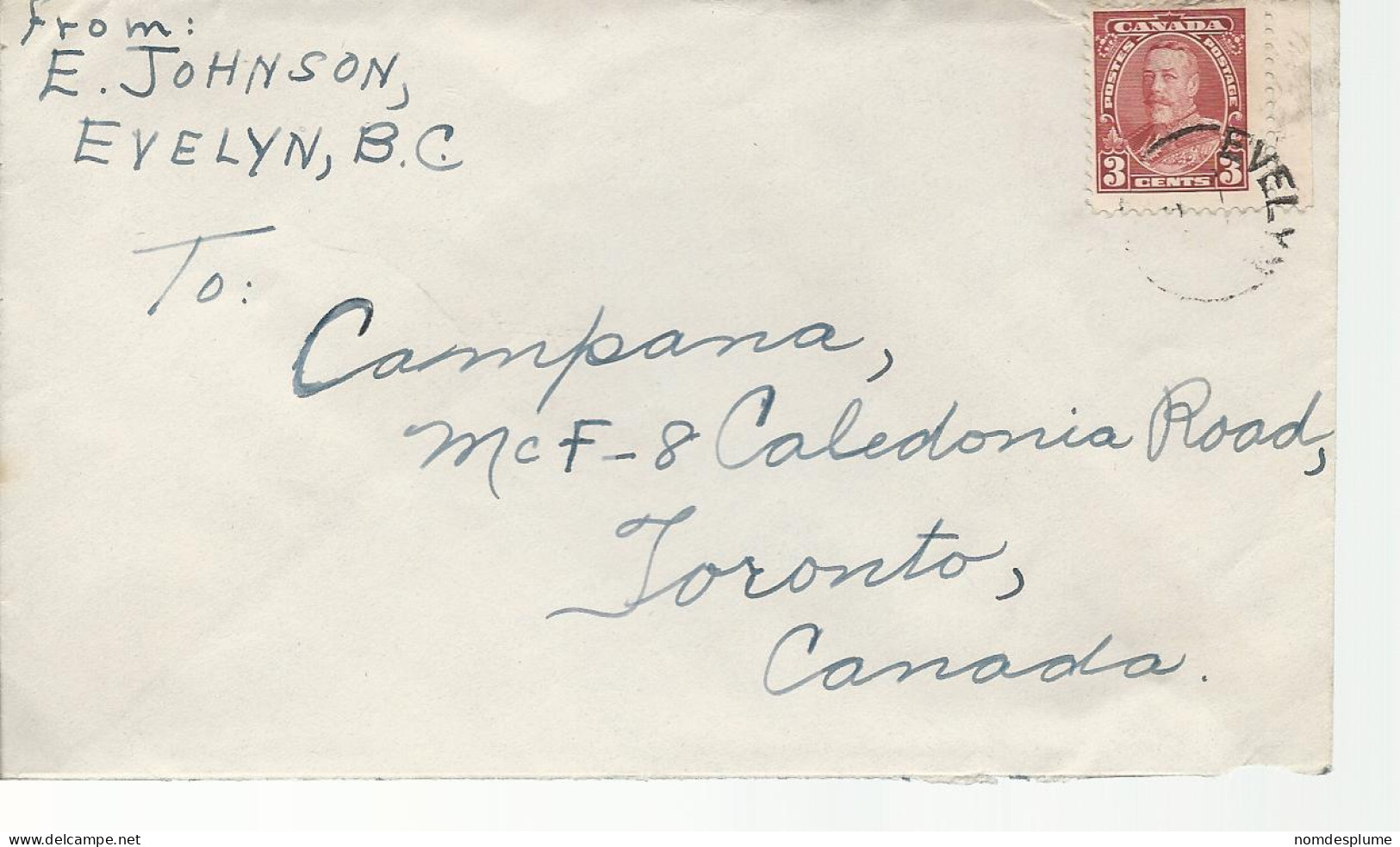 23044) Canada Postmark Cancel Closed Post Office Evelyn BC - Covers & Documents