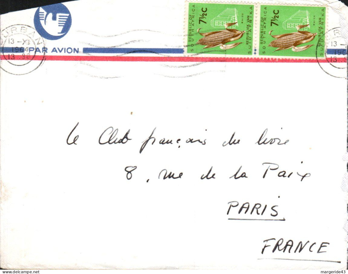 AFRIQUE DU SUD AFFRANCHISSEMENT COMPOSE SUR LETTRE POUR LA FRANCE 1964 - Lettres & Documents