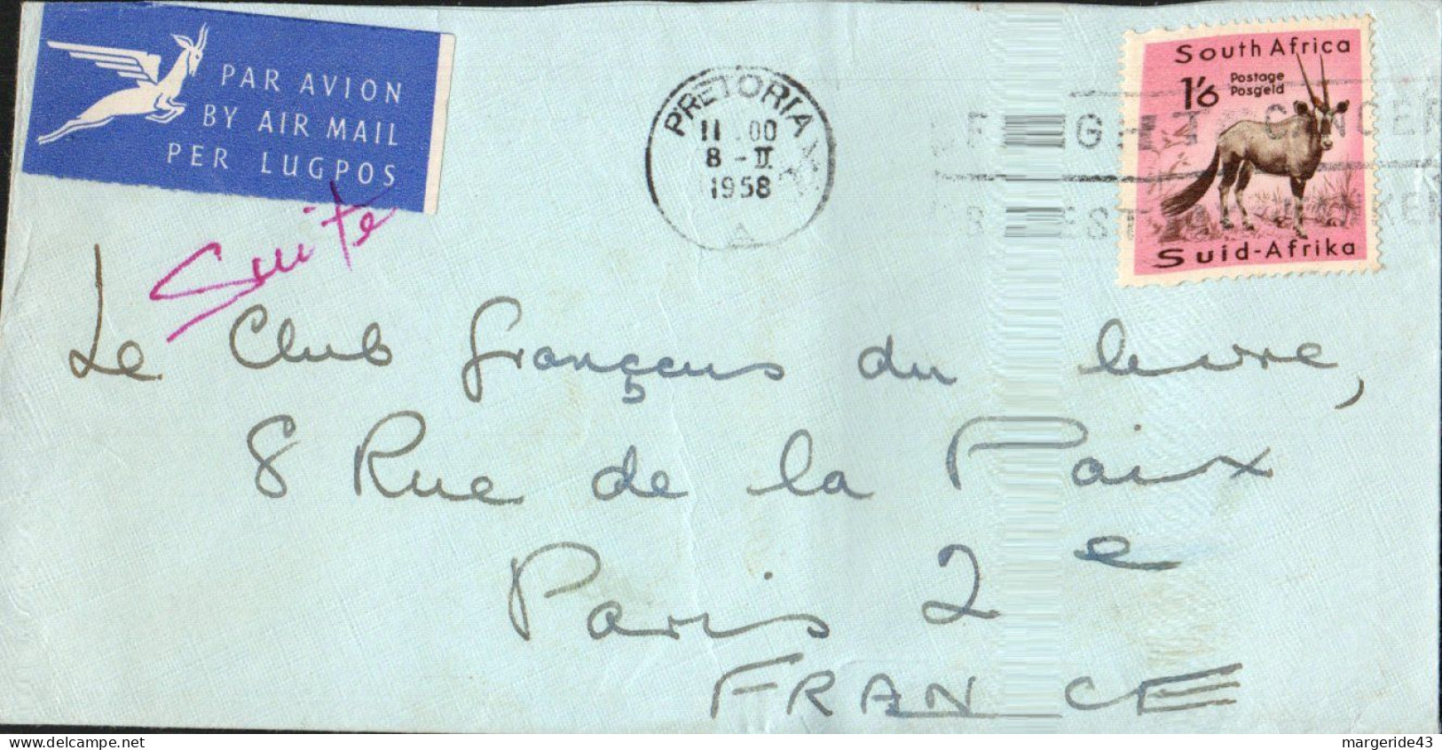 AFRIQUE DU SUD SEUL SUR LETTRE DE PRETORIA POUR LA FRANCE 1958 - Covers & Documents