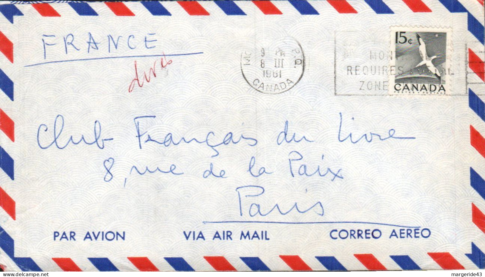 CANADA SEUL SUR LETTRE POUR LA FRANCE 1961 - Storia Postale