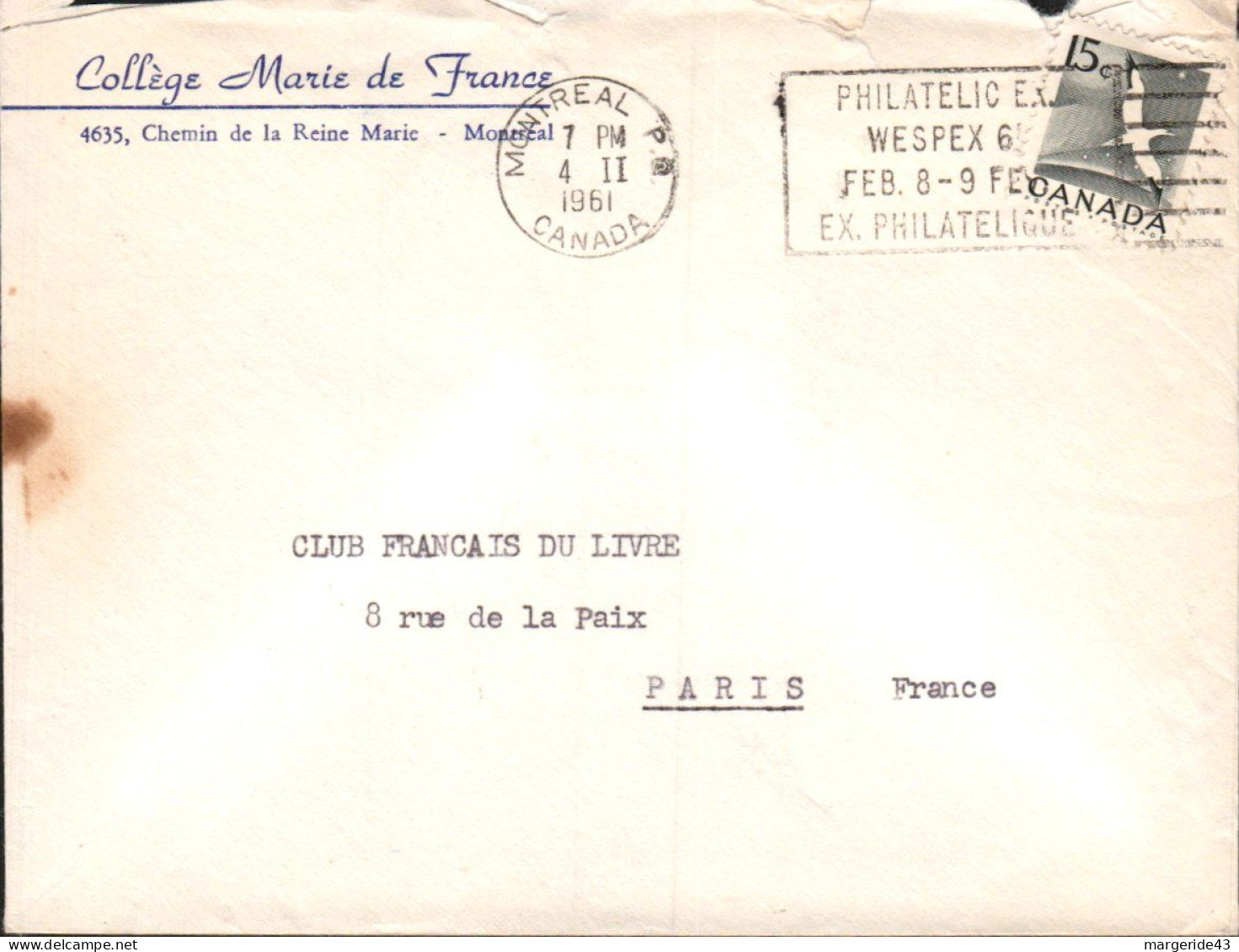 CANADA SEUL SUR LETTRE POUR LA FRANCE 1961 - Cartas & Documentos