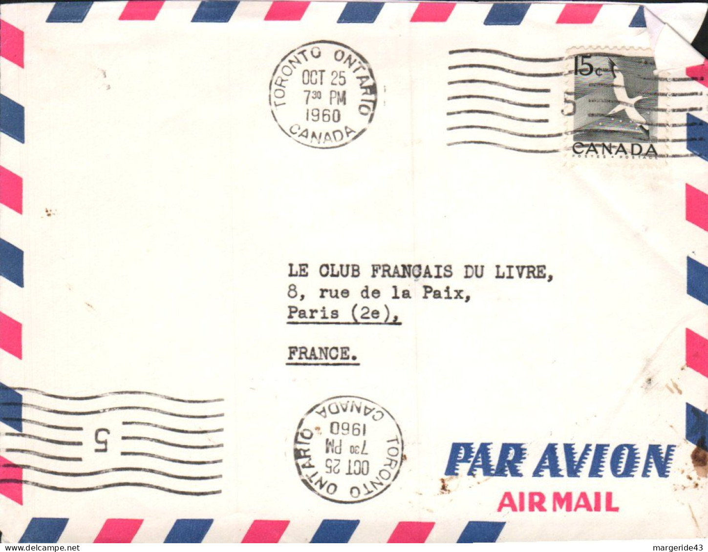 CANADA SEUL SUR LETTRE POUR LA FRANCE 1960 - Cartas & Documentos