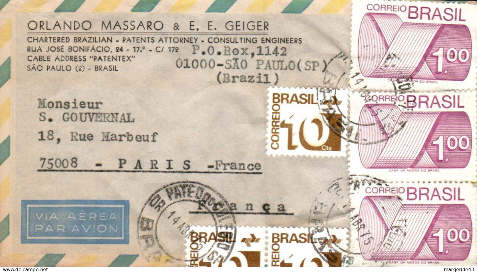 BRESIL AFFRANCHISSEMENT COMPOSE SUR LETTRE POUR LA FRANCE 1975 - Storia Postale