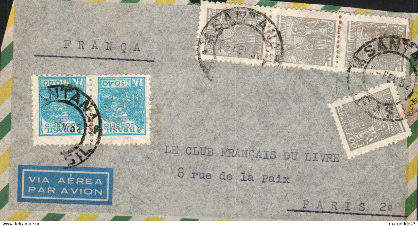 BRESIL AFFRANCHISSEMENT COMPOSE SUR DEVANT DE LETTRE POUR LA FRANCE 1952 - Lettres & Documents