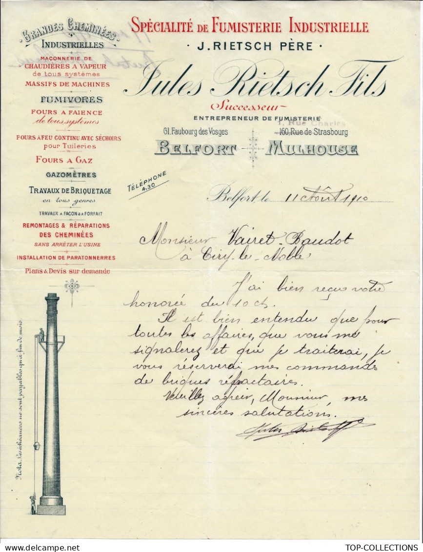 1910 ENTETE CHEMINEES INDUSTRIELLES J.RIETSCH BELFORT Mulhouse => Vairet Baudot Briqueterie => Musée Ciry Le Noble S.& L - 1900 – 1949