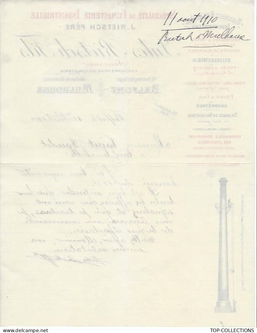 1910 ENTETE CHEMINEES INDUSTRIELLES J.RIETSCH BELFORT Mulhouse => Vairet Baudot Briqueterie => Musée Ciry Le Noble S.& L - 1900 – 1949
