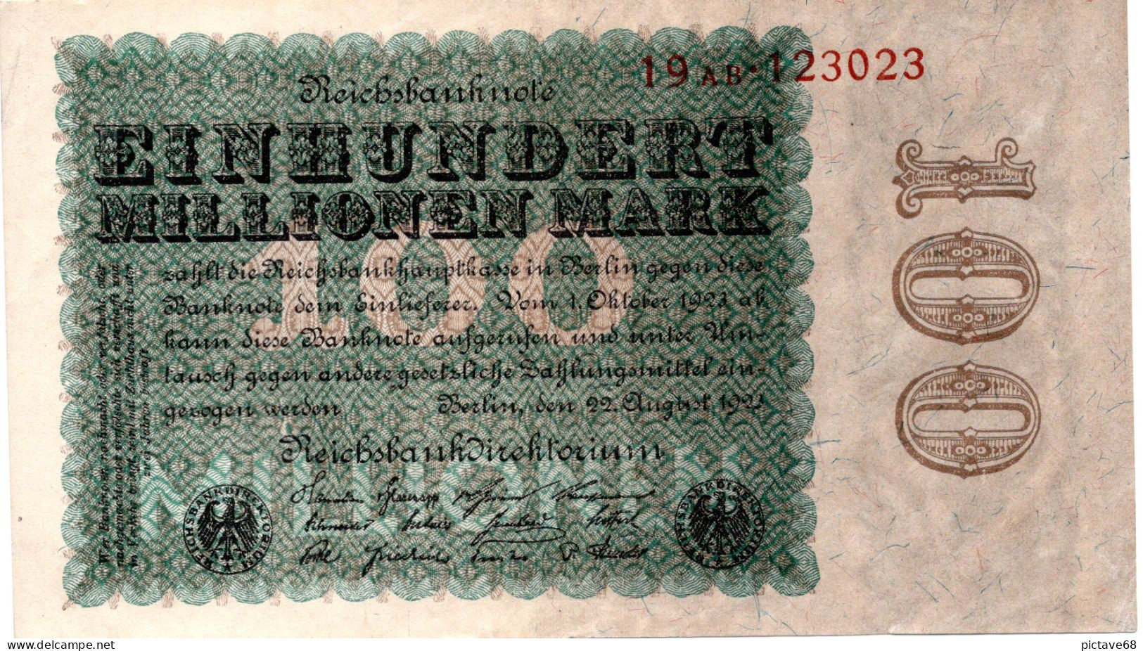 ALLEMAGNE / GERMANY / N° 107 Billet De 100 Millionen Mark Du 22.8.1923. Noir Sur Fond Bleu-vert Et Olive-brun. Série 19 - 100 Millionen Mark