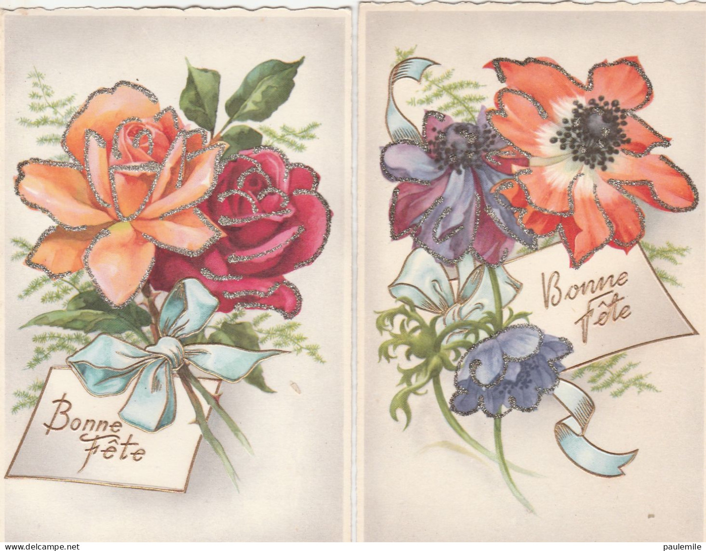 2  CPA     J6      Bonne Fête    Fleurs Pailletées - Collections & Lots