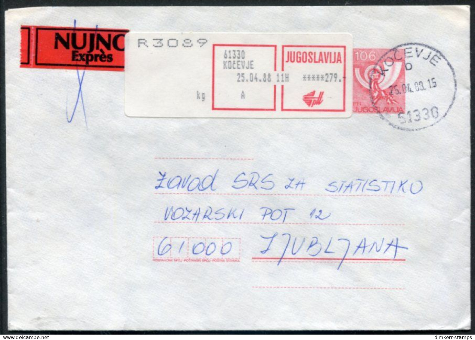 YUGOSLAVIA 1987 Posthorn 106 D.envelope Registered With Additional Franking And Express Label (Slovene).  Michel U80 - Postal Stationery