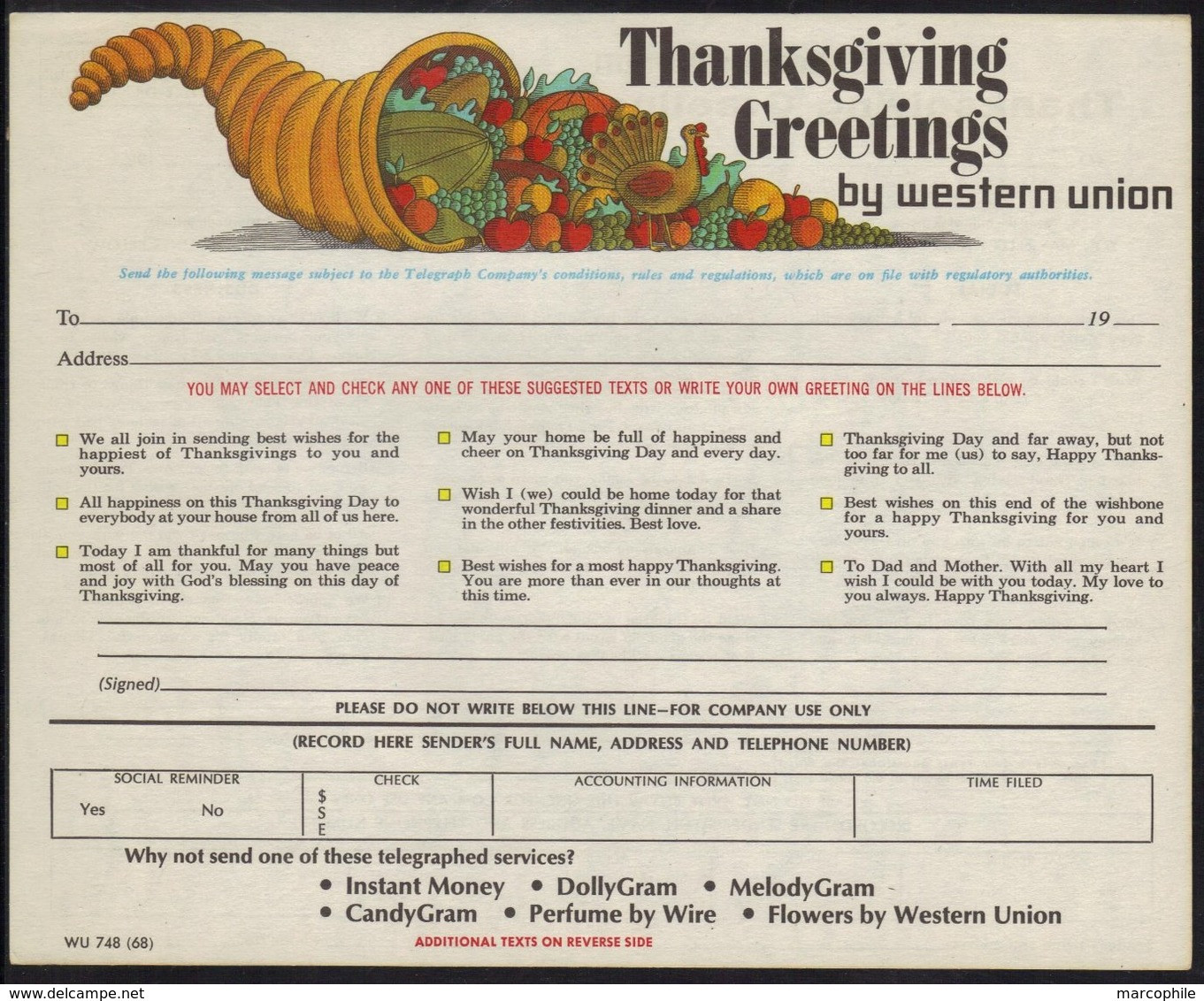 DINDE - THANKSGIVING - CORNE D ABONDANCE - DINDE - POTIRON ETC / 1968 USA TELEGRAMME DE LUXE ILLUSTRE (ref WU17) - Alimentation