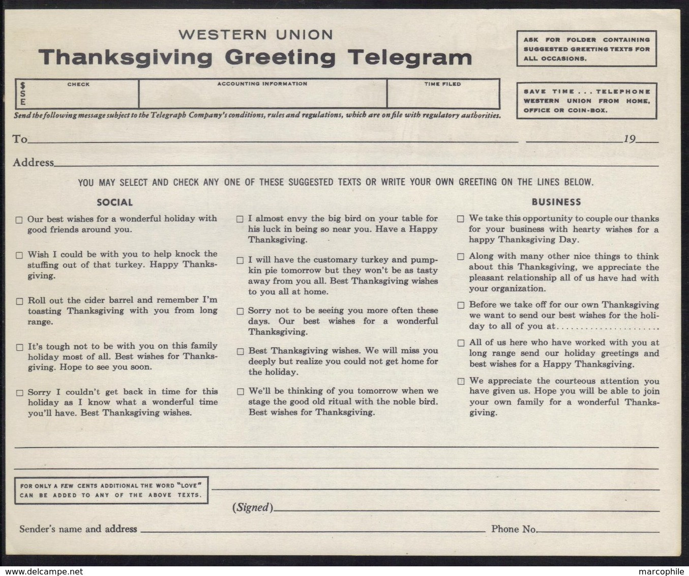 DINDE - THANKSGIVING - FEU - AMEUBLEMENT - POTIRON ETC / 1965 USA TELEGRAMME DE LUXE ILLUSTRE (ref WU3) - Alimentation