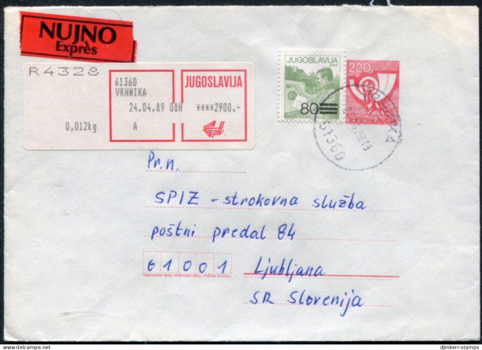 YUGOSLAVIA 1988 Posthorn 220 D.envelope Registered With Additional Franking And Express Label (Slovene).  Michel U83 - Enteros Postales