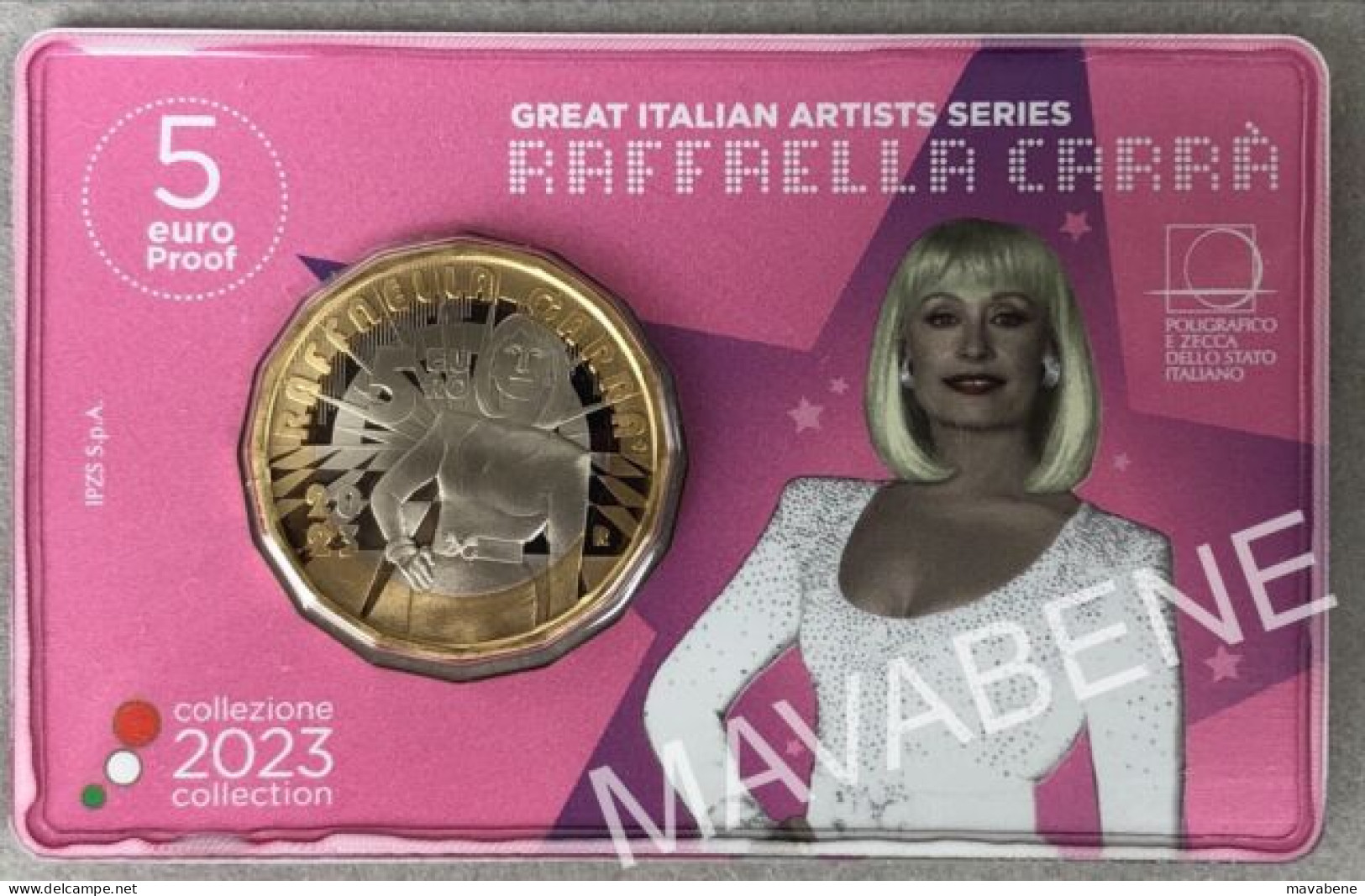 ITALIA 2023 RAFFAELLA CARRÀ SERIE GRANDI ARTISTI MONETA 5 EURO PROOF COINCARD - Collections