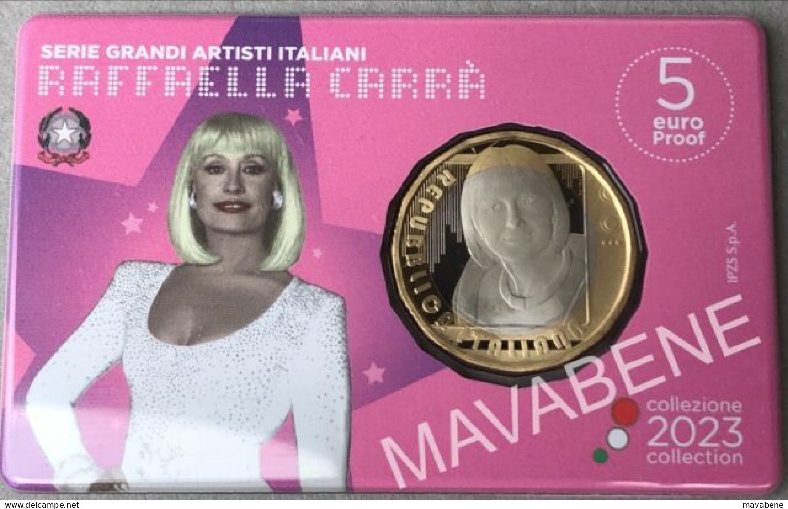 ITALIA 2023 RAFFAELLA CARRÀ SERIE GRANDI ARTISTI MONETA 5 EURO PROOF COINCARD - Colecciones