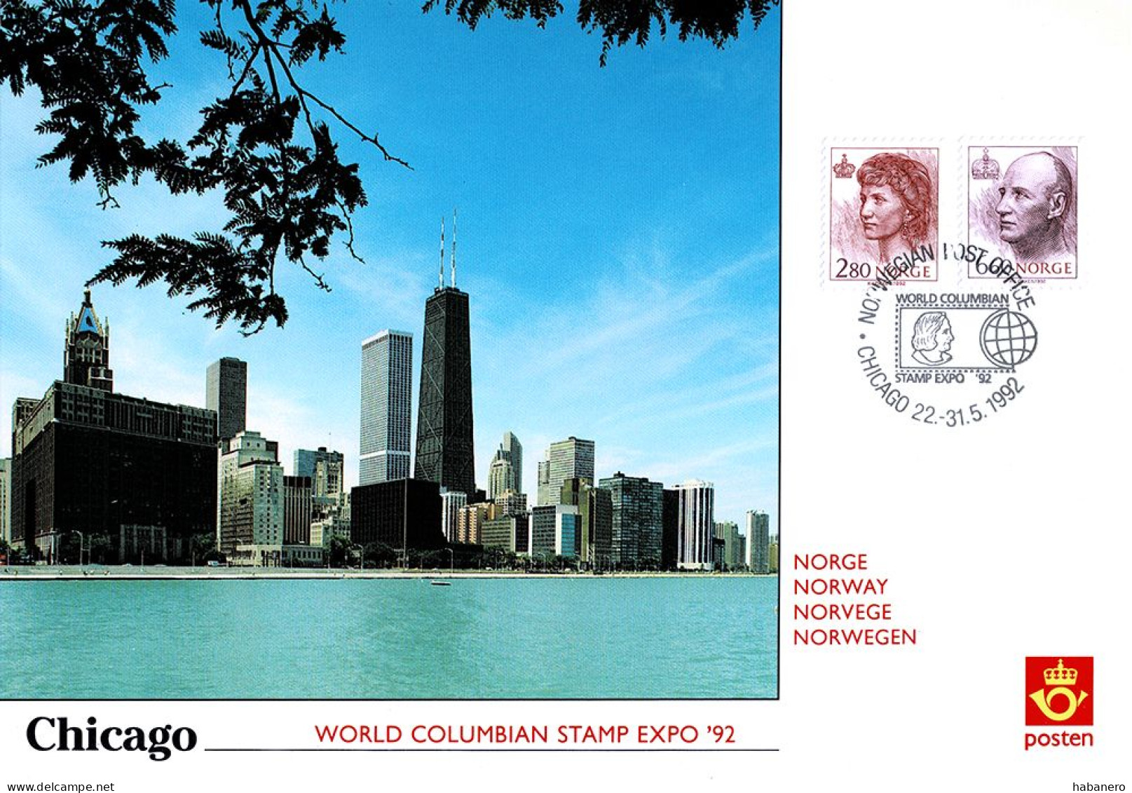 NORWAY 1992 PU92 CHICAGO WORLD COLUMBIAN STAMP EXPO PHILATELIC EXHIBITION CARD - Maximum Cards & Covers