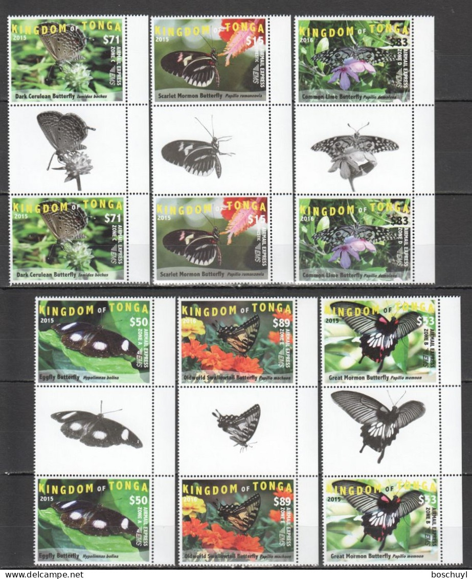 Tonga, 2015, Butterflies, Insects, Animals, MNH Gutter Pairs, Michel 2044-2049 (5) - Tonga (1970-...)