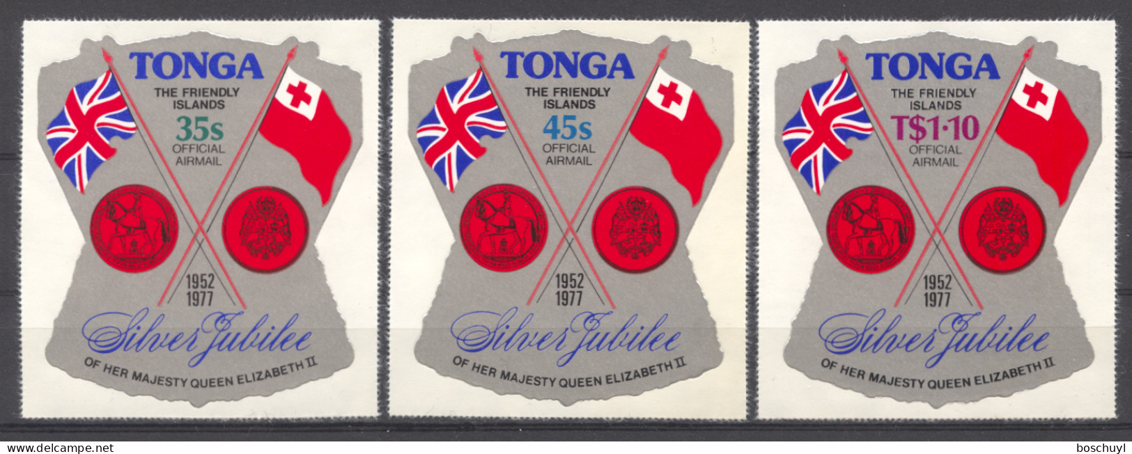 Tonga, 1977, Silver Jubilee Queen Elizabeth, Royal, Service Stamps, Self-Adhesives, MNH, Michel 153-155 - Tonga (1970-...)