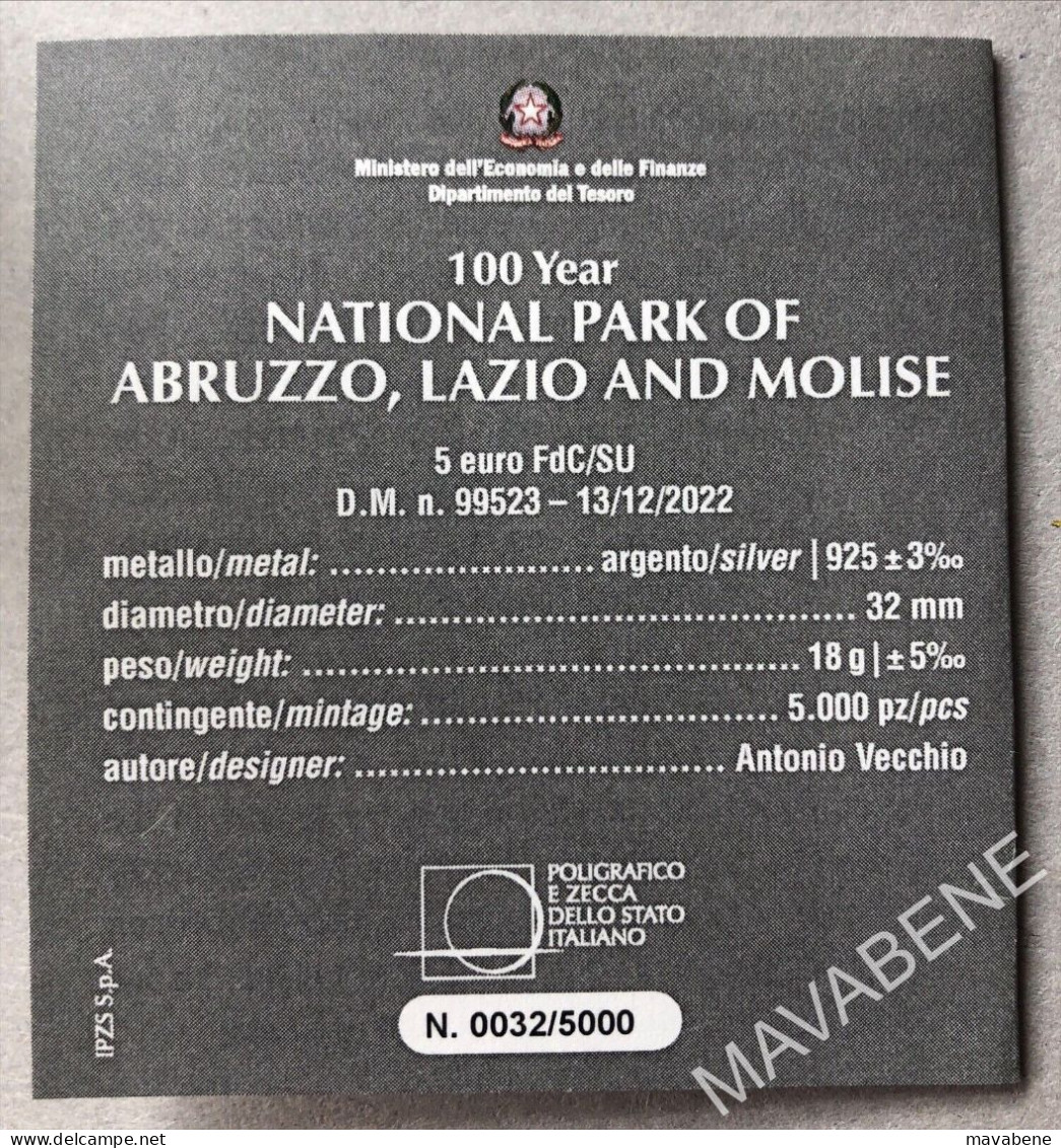 ITALIA 2023 PARCO NAZIONALE ABRUZZO LAZIO MOLISE MONETA 5 EURO ARGENTO COLORATA - Gedenkmünzen