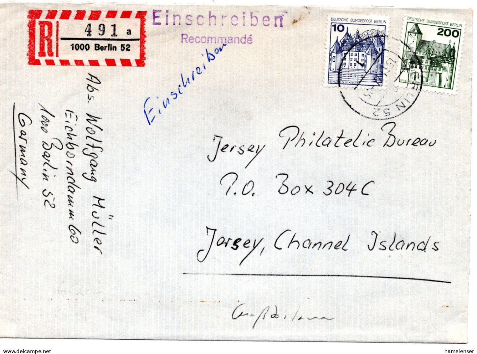 67659 - Berlin - 1977 - 200Pfg B&S MiF A R-Bf (dreiseitig Geoeffnet) BERLIN -> Jersey - Storia Postale