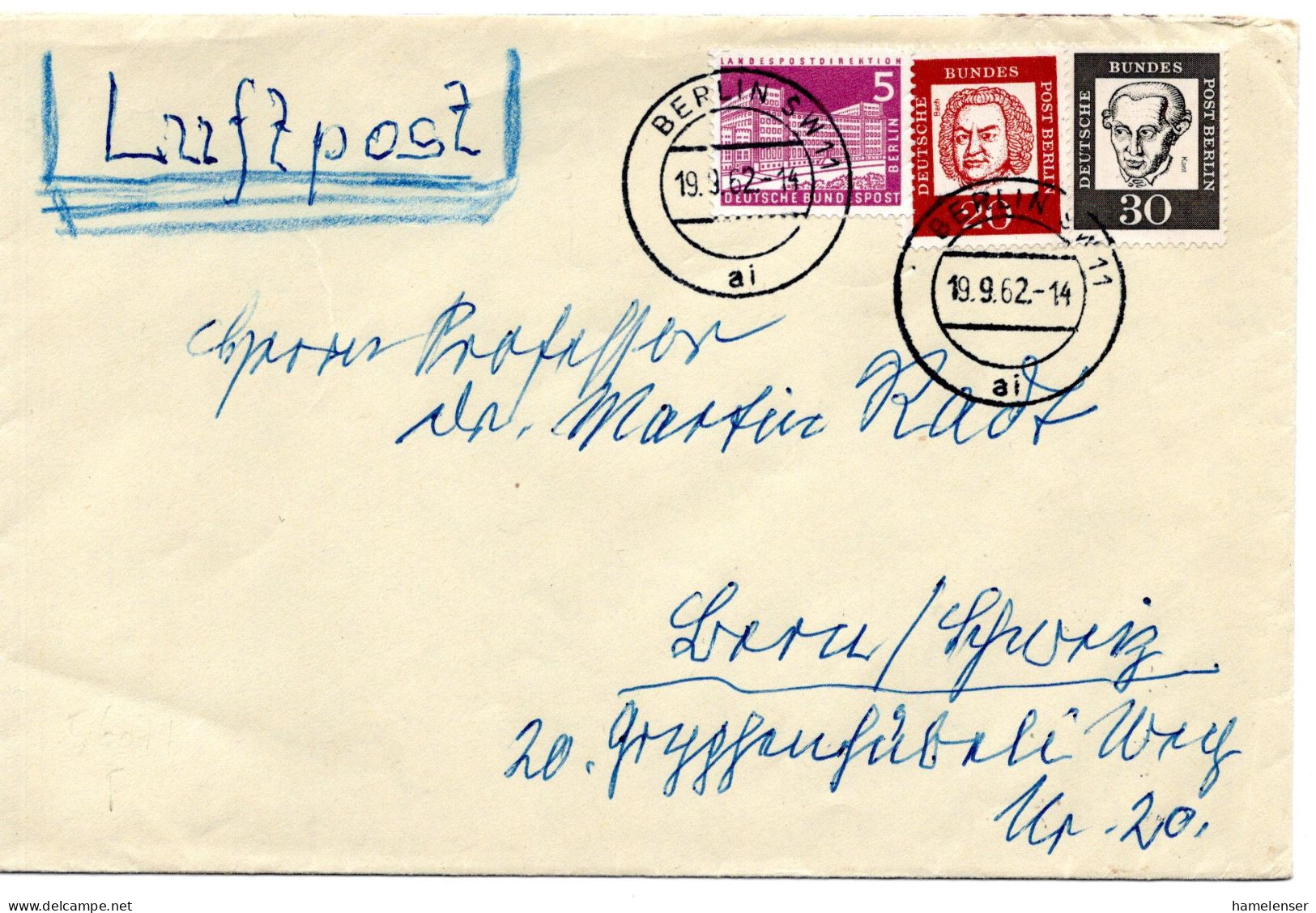 67662 - Berlin - 1962 - 30Pfg Kant MiF A LpBf BERLIN -> Schweiz - Covers & Documents