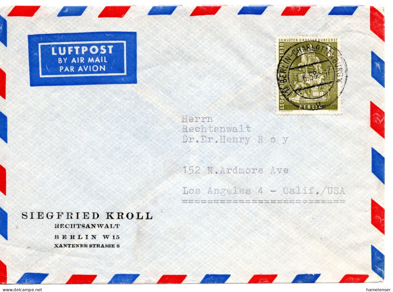 67663 - Berlin - 1958 - 1DM Stadtbilder EF A LpBf BERLIN -> Los Angeles, CA (USA) - Lettres & Documents