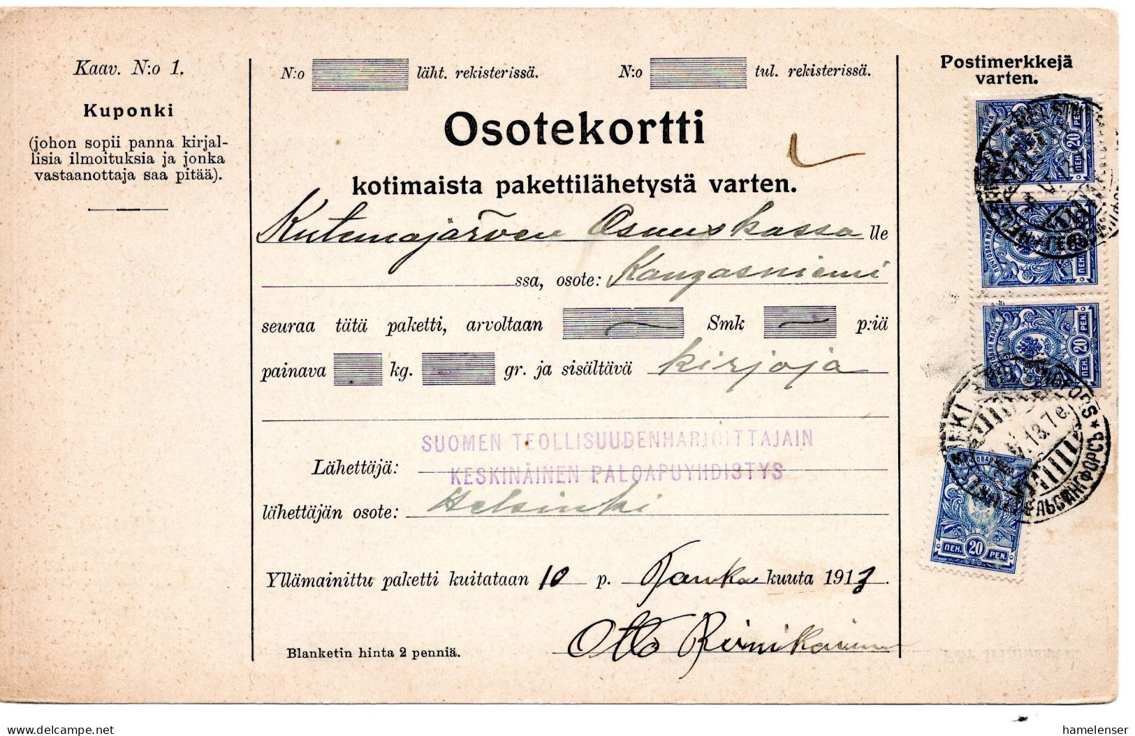 67668 - Finnland - 1913 - 4@20K Wappen A PaketKte HELSINKI -> KANGASNIEMI - Brieven En Documenten