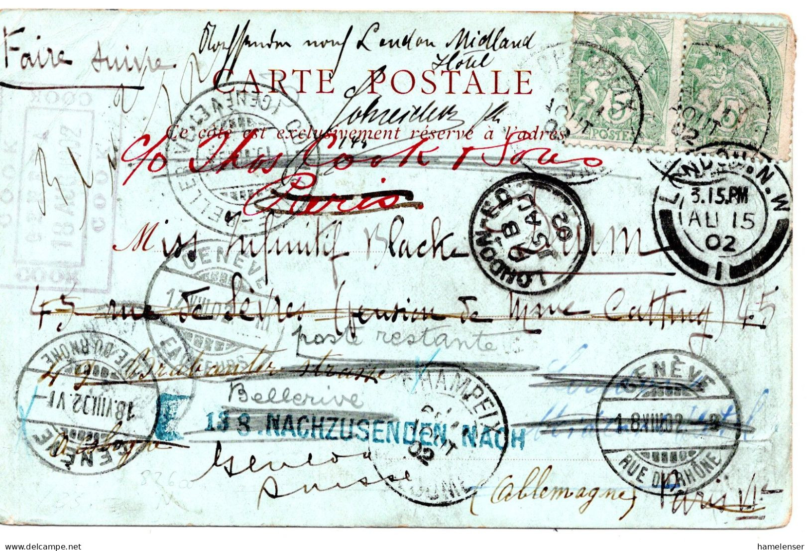 67669 - Frankreich - 1902 - 2@5c Mouchon A AnsKte CHAMPEIX -> LONDON (GB), Mehrfachh Nachgesandt - Storia Postale