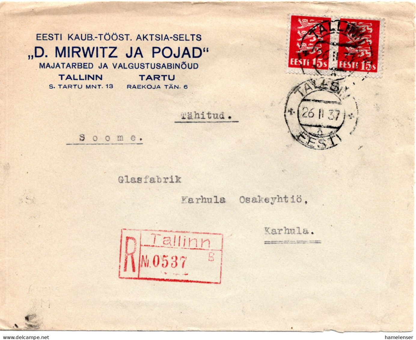 67670 - Estland - 1937 - 2@15s Wappen A R-Bf TALLINN -> KARHULA - Estonia