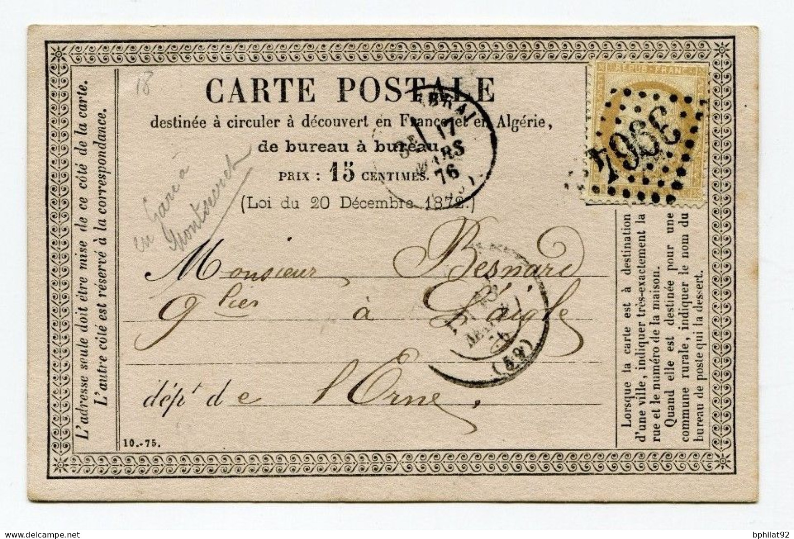 !!! CARTE PRECURSEUR TYPE CERES GC 3964 ET CACHET DE TINCHEBRAY DE 1876 - Cartes Précurseurs