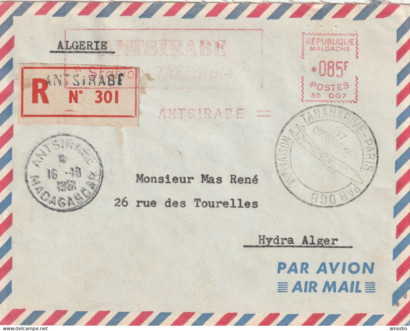 Madagascar LR 1er Vol Tananarive Paris DC8, Empreinte EMA, Antsirabé 16/10/61 - Storia Postale