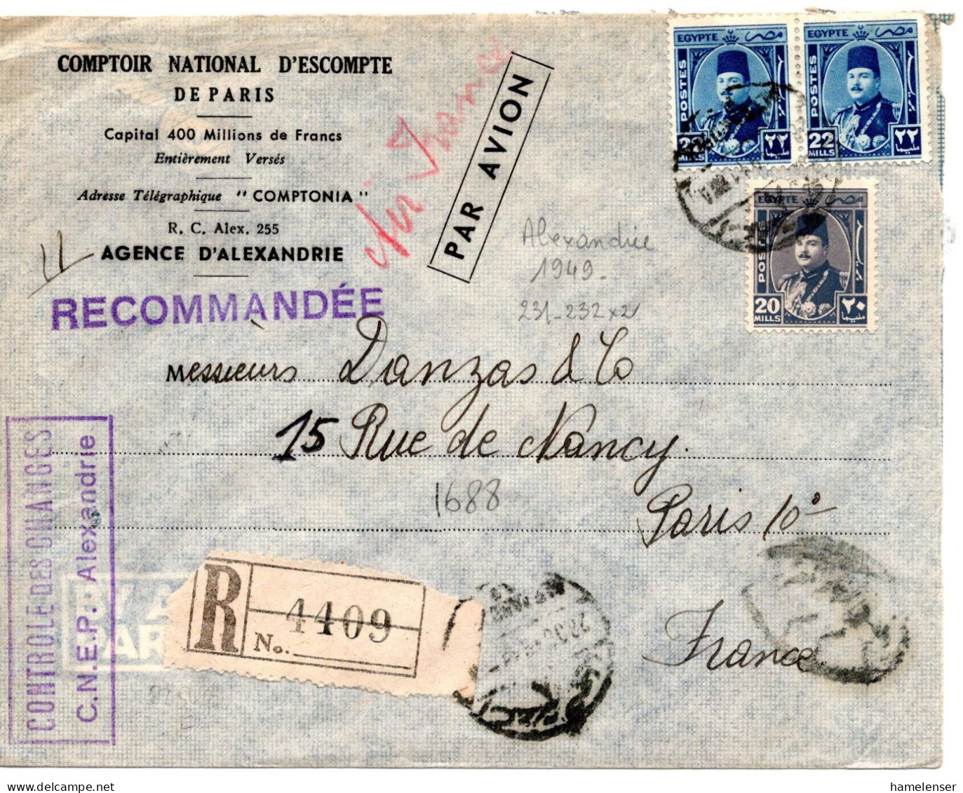 67671 - Ägypten - 1949 - 2@22M Faruk MiF A R-LpBf ALEXANDRIA -> PARIS (Frankreich) - Lettres & Documents