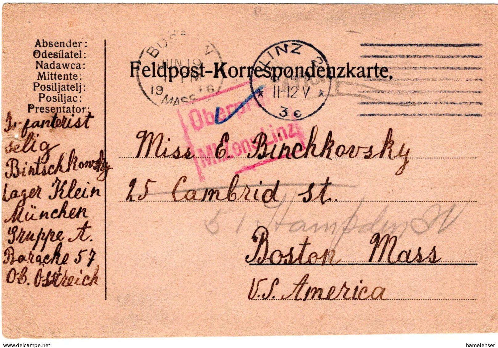 67672 - Österreich - 1916 - FpKte LINZ -> BOSTON MASS (USA), M Oesterr ZensStpl - Briefe U. Dokumente