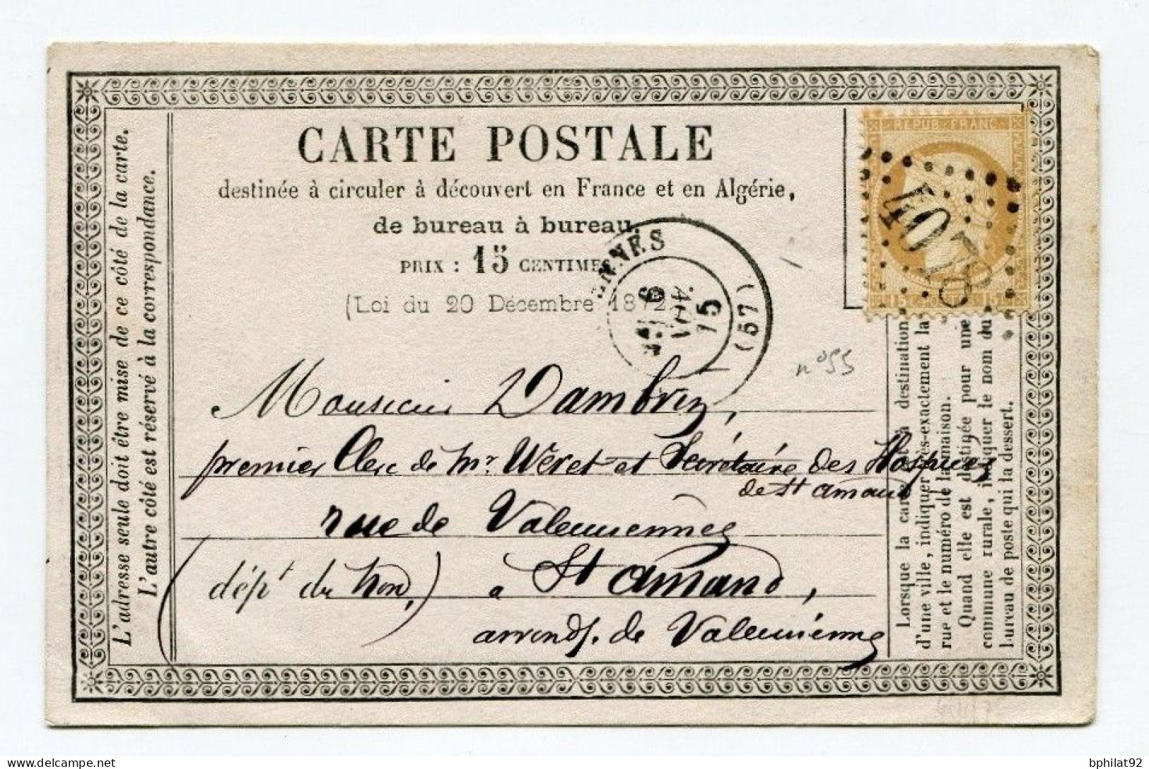 !!! CARTE PRECURSEUR TYPE CERES AFFRANCH N°55 CACHET DE VALENCIENNES DE 1875 - Cartes Précurseurs