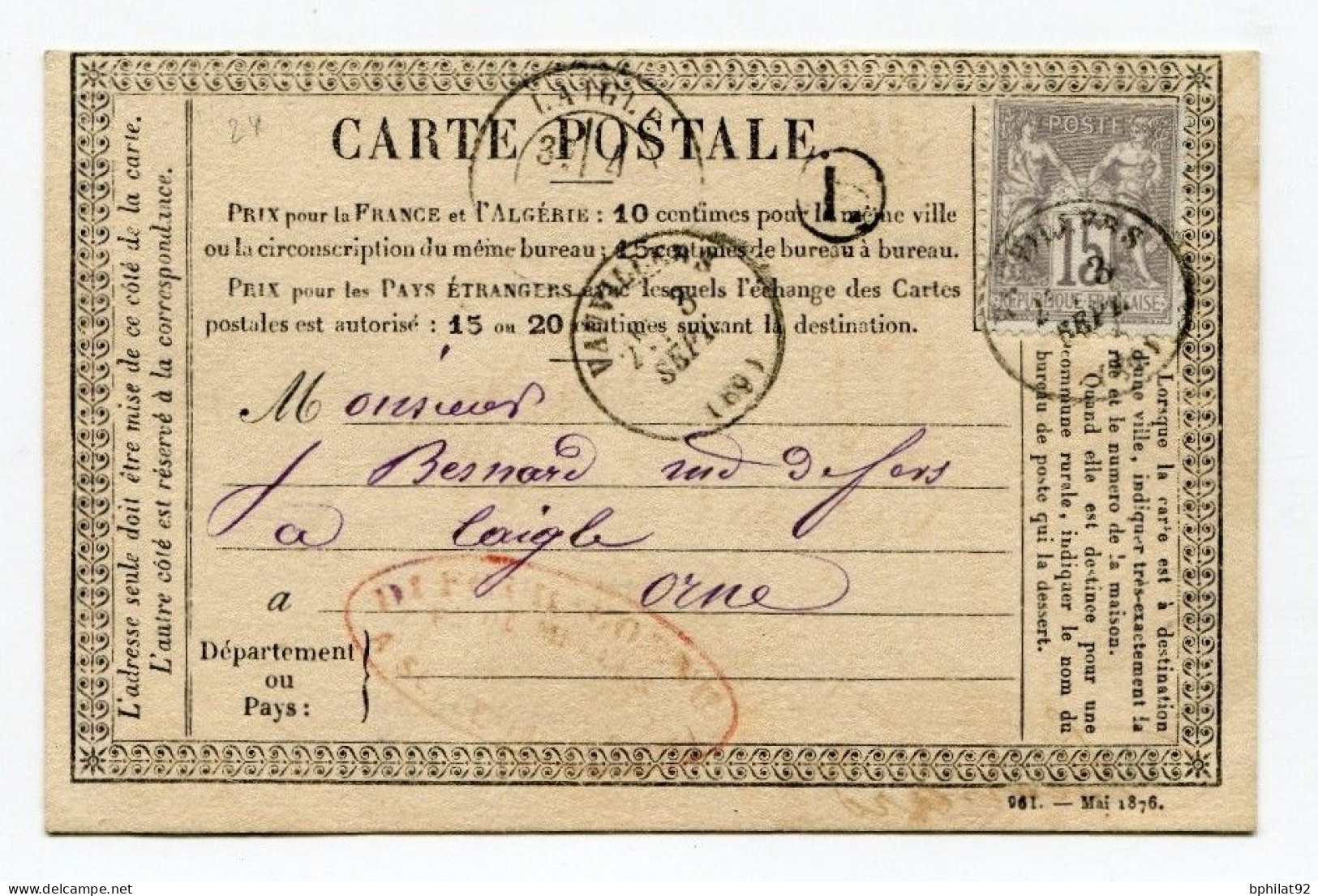 !!! CARTE PRECURSEUR TYPE SAGE CACHET DE VAUVILLIERS DE 1876 ET CACHET DE FACTEUR - Cartes Précurseurs