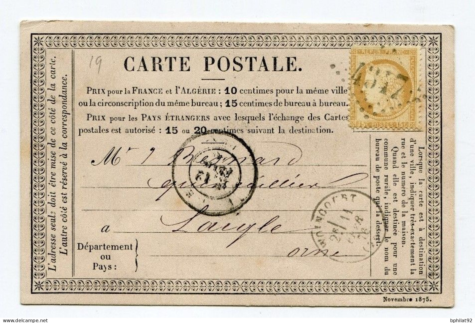 !!! CARTE PRECURSEUR TYPE CERES GC 4347 ET CACHET DE WOINCOURT DE 1876 - Cartes Précurseurs