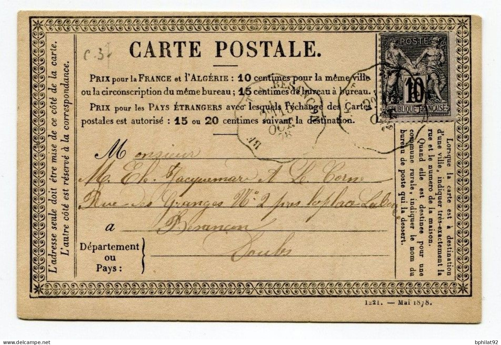 !!! CARTE PRECURSEUR TYPE SAGE CACHET DE CONVOYEUR STATION BESANCON - Cartes Précurseurs