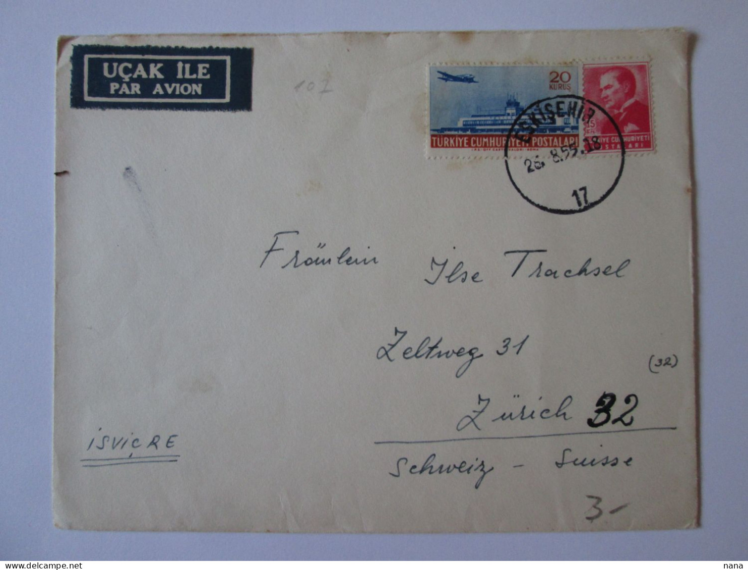 Turquie/Turkey-Eskișehir Enveloppe Recommandee Par Avion 1955/Registered Cover Air Mail 1955 - Cartas & Documentos