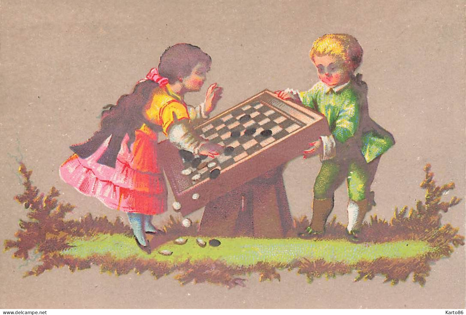 Jeux * Illustrateur * Le Jeu De Dames * Enfants * Chromo Ancien - Cartes à Jouer