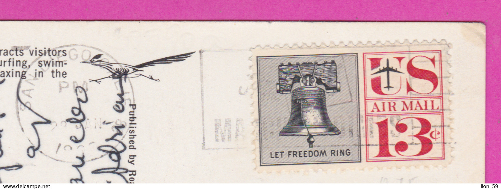 292497 / United States La Jolla Cove Beach San Diego Coast  PC USED (O) Flamme 1969 - 13 C. Air Mail  Liberty Bell - San Diego