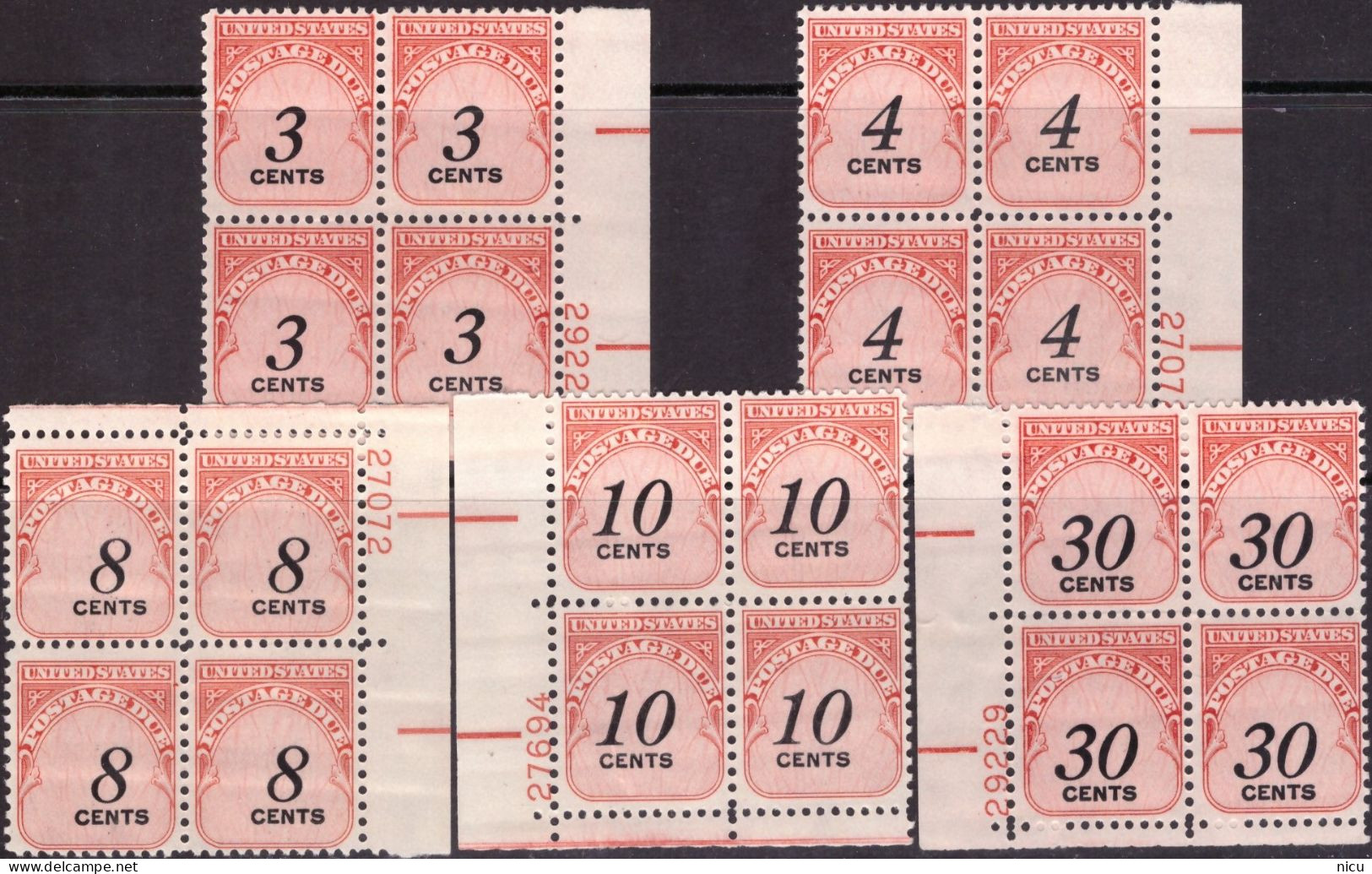 1959 - POSTAGE DUE - BLOCKS OF 4 STAMPS AND NUMBERS - 1951-1960