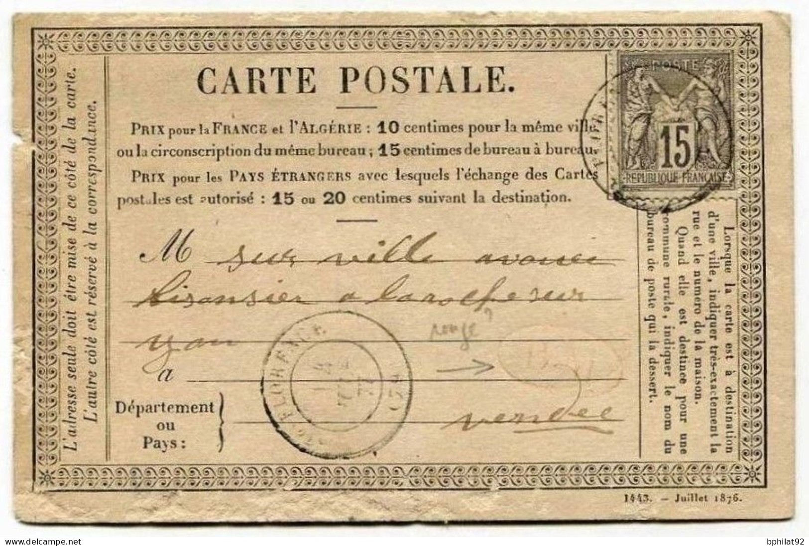 !!! CARTE PRECURSEUR TYPE SAGE OBLIT STE FLORENCE 1874 GRIFFE BM ROUGE - Cartes Précurseurs