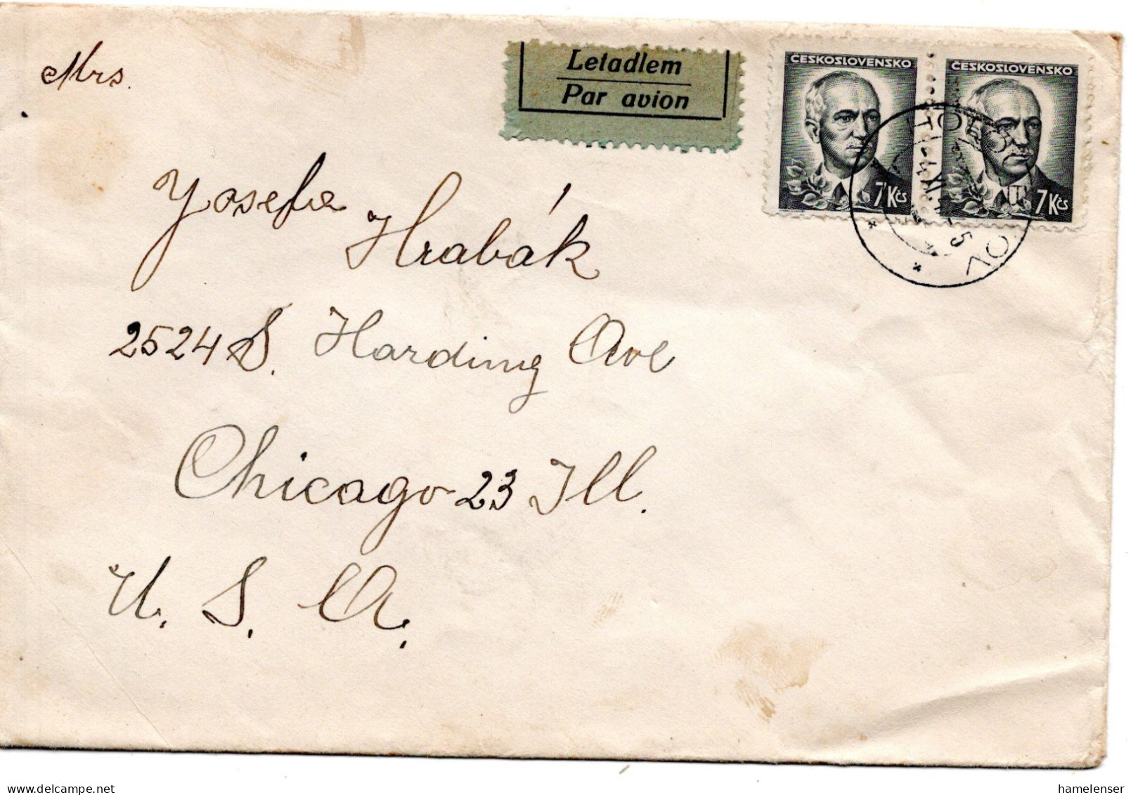 67675 - Tschechoslowakei - 1947 - 2@7Kcs A LpBf HOLOUBKOV -> Chicago, IL (USA) - Covers & Documents