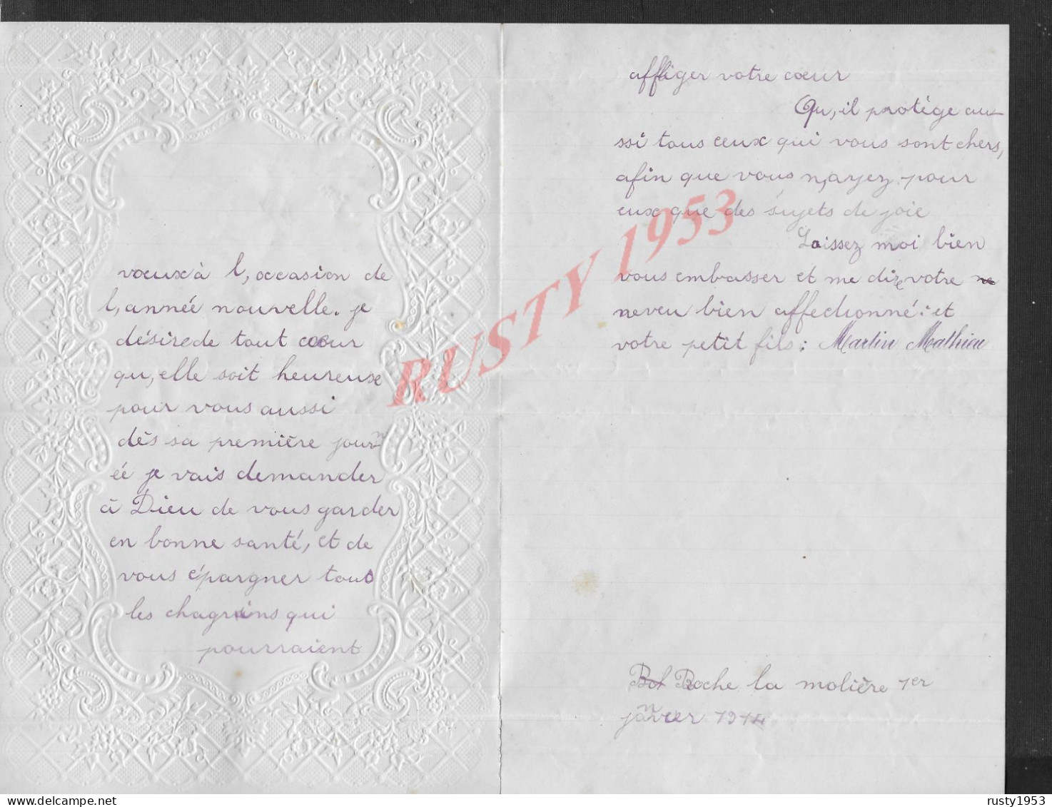 ANCIENNE LETTRE TYPE CANIVET DECOUPIS FLEUR & OISEAUX COLOMBES DE MARIE MARTIN À ROCHE LA MOLIÈRE 1914 : - Fleurs