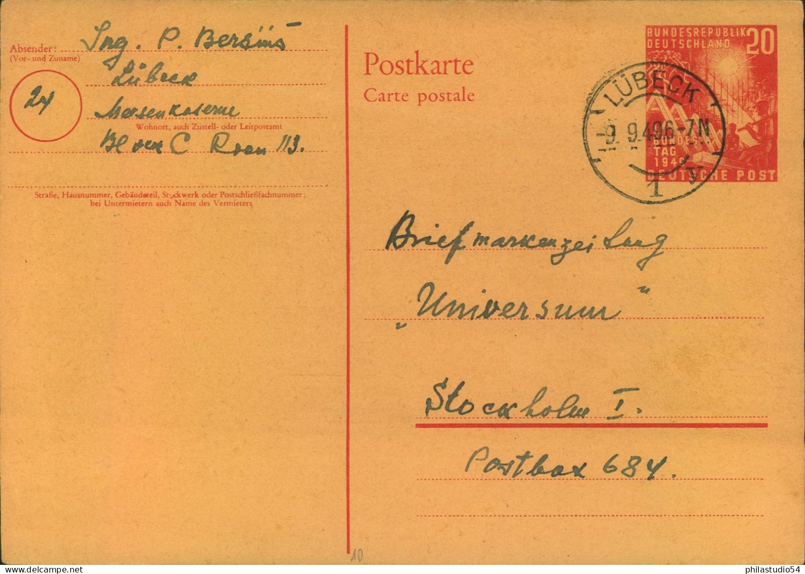 1949, 20 Pf. Ganzsachenkarte „Bundestagseröffnung“ Bedarfsgebraucht Ab LÜBECK Nach Schweden - Altri & Non Classificati