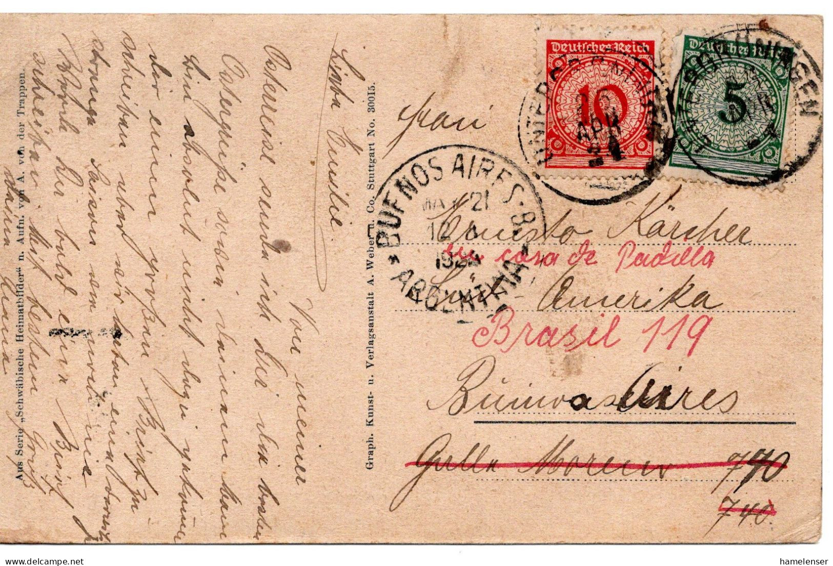 67684 - Deutsches Reich - 1924 - 10Pfg Korbdeckel MiF A AnsKte UNTERGROENINGEN -> BUENOS AIRES (Argentinien) - Lettres & Documents